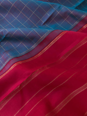 Mohaa - Beautiful Borderless Kanchivarams - unusual and unique red short metallic blue zari kattam with kum kum red pallu and blouse