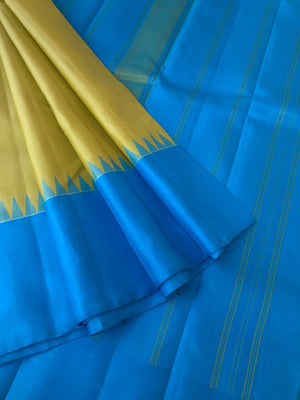 Best of Best Korvai Kanchivaram - beige with a touch of yellow oosi stripes no zari korvai Kanchivaram with sulphate blue pallu borders and blouse
