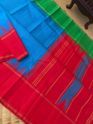 Festive Vibes on Korvai Kanchivaram - beautiful rama blue with red and green ganga jammuna woven borders