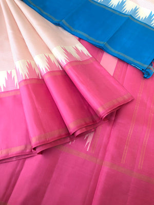Best of Best Korvai Kanchivaram - off white with ganga jammuna with baby pink oosi stripes woven body