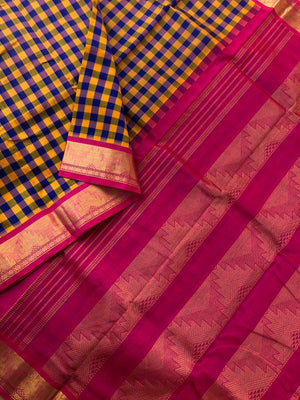 Paalum palamum kattam on Korvai Silk Cotton - mustard and blue chex with pink pallu and blouse