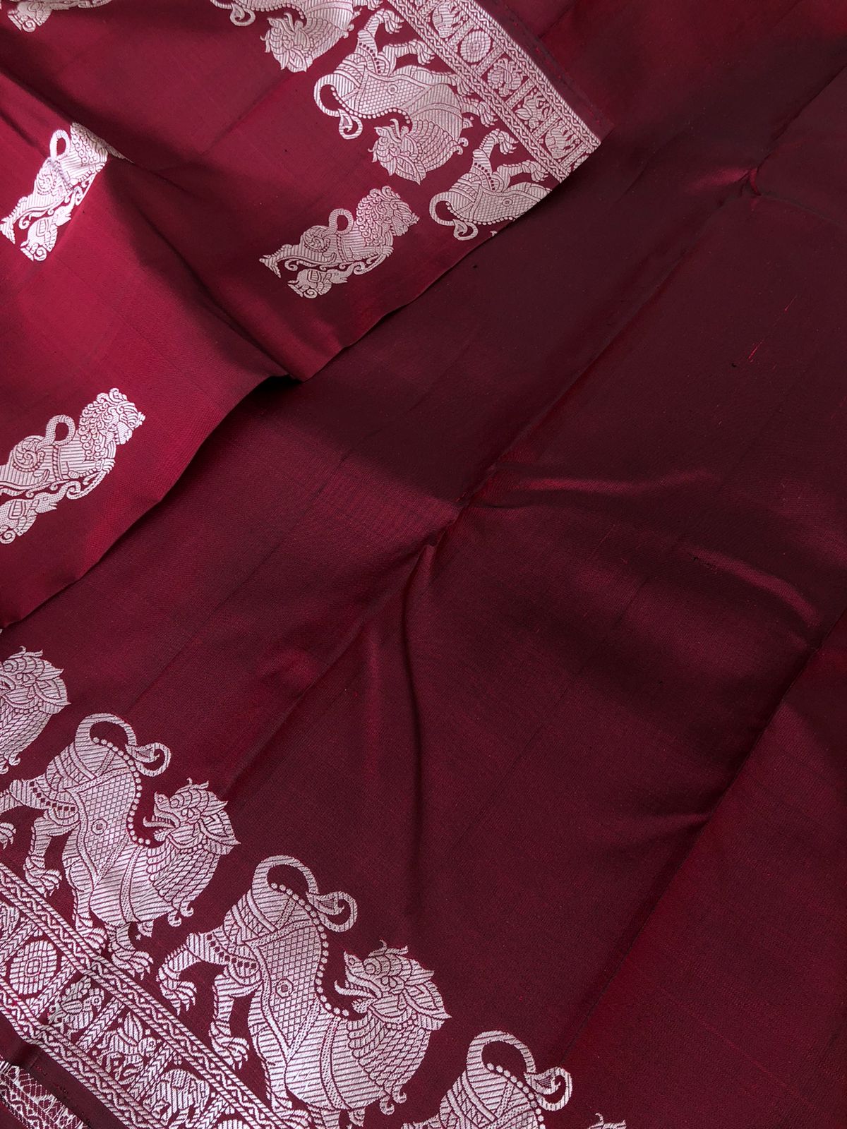 Woven from Memories - No Zari Kanchivarams - deep dark burgundy maroon with yali woven borders and buttas