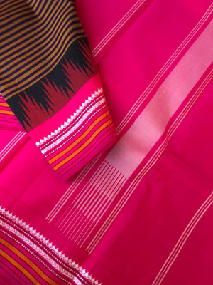 Korvai Connection on Kanchivaram - rust and black oosi vaalapoo stripes woven body with Indian pink borders pallu and blouse