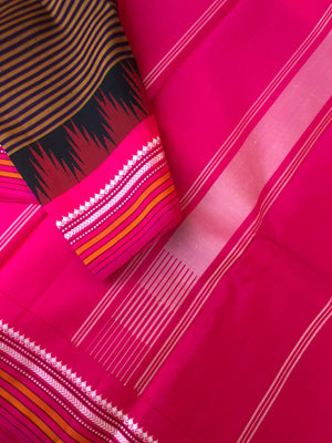 Korvai Connection on Kanchivaram - rust and black oosi vaalapoo stripes woven body with Indian pink borders pallu and blouse