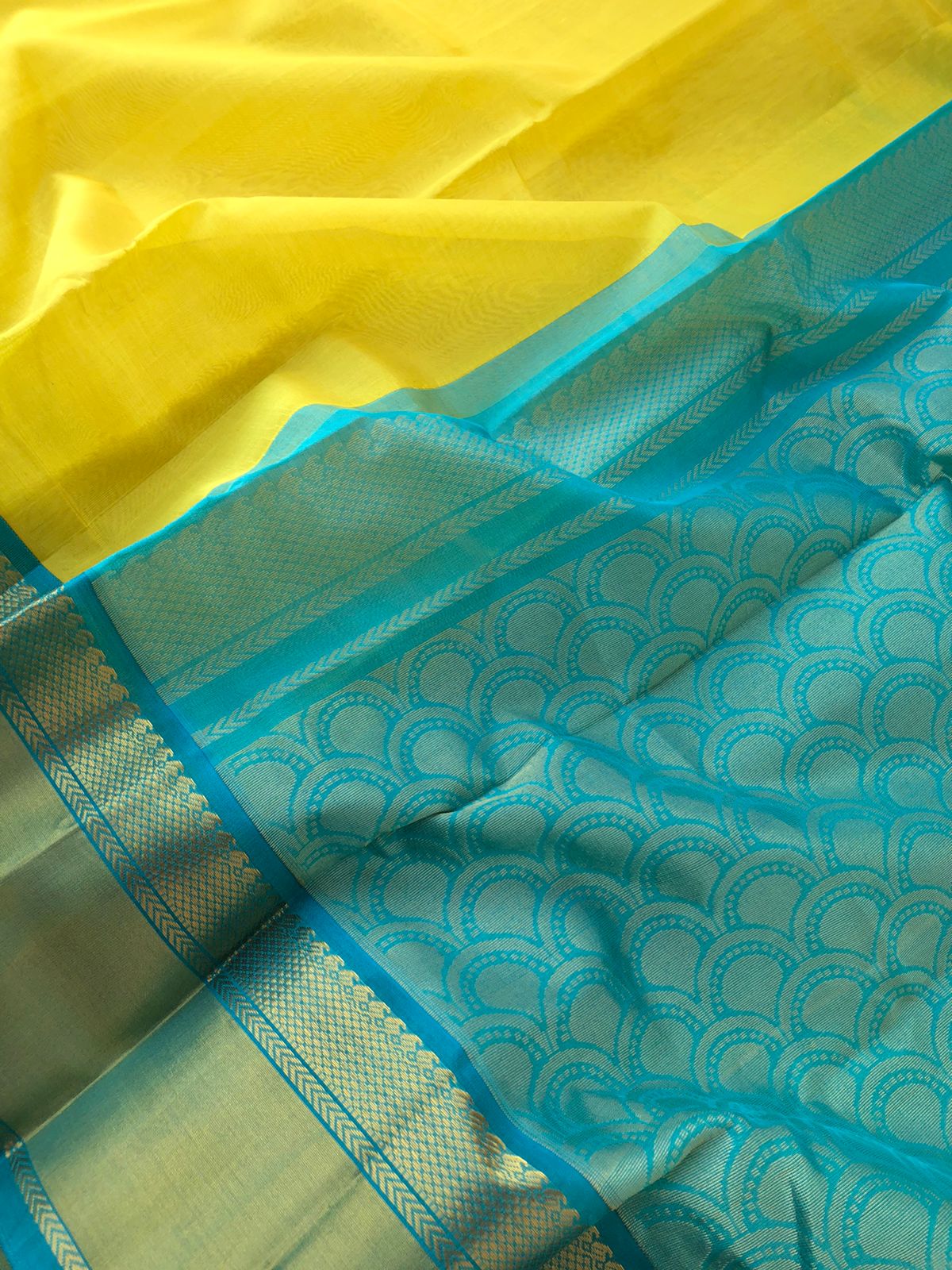 Korvai Silk Cottons Woven Silk Borders - fresh lemon yellow and teal turquoise blue
