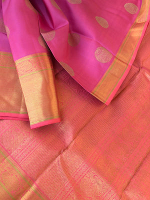 Leela - Lighter Shades on Kanchivarams - rose pink and lotus pink with one side broad and other side small woven borders