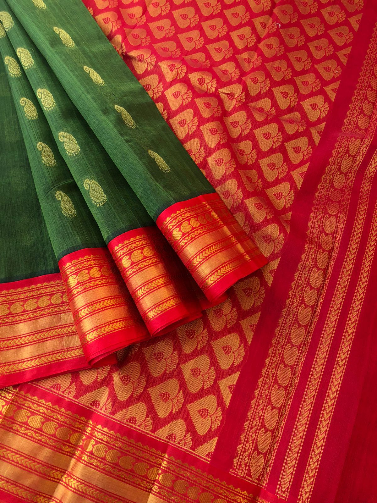Korvai Silk Cottons Woven Silk Borders - burnt algae green and red with body woven buttas