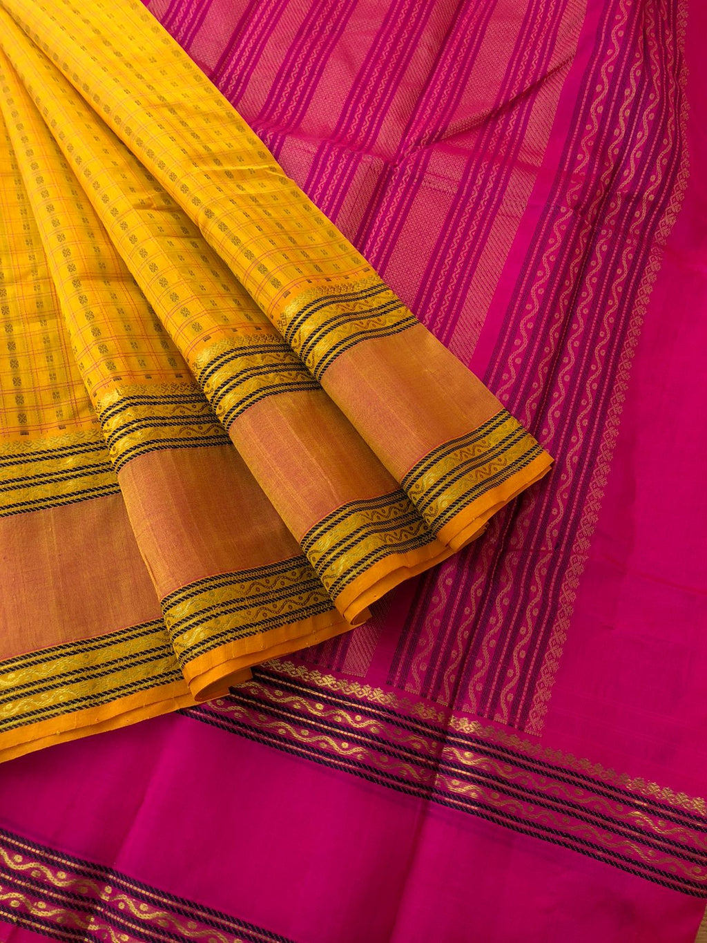 Woven Motifs Silk Cotton - mango yellow and pink Lakshadeepam
