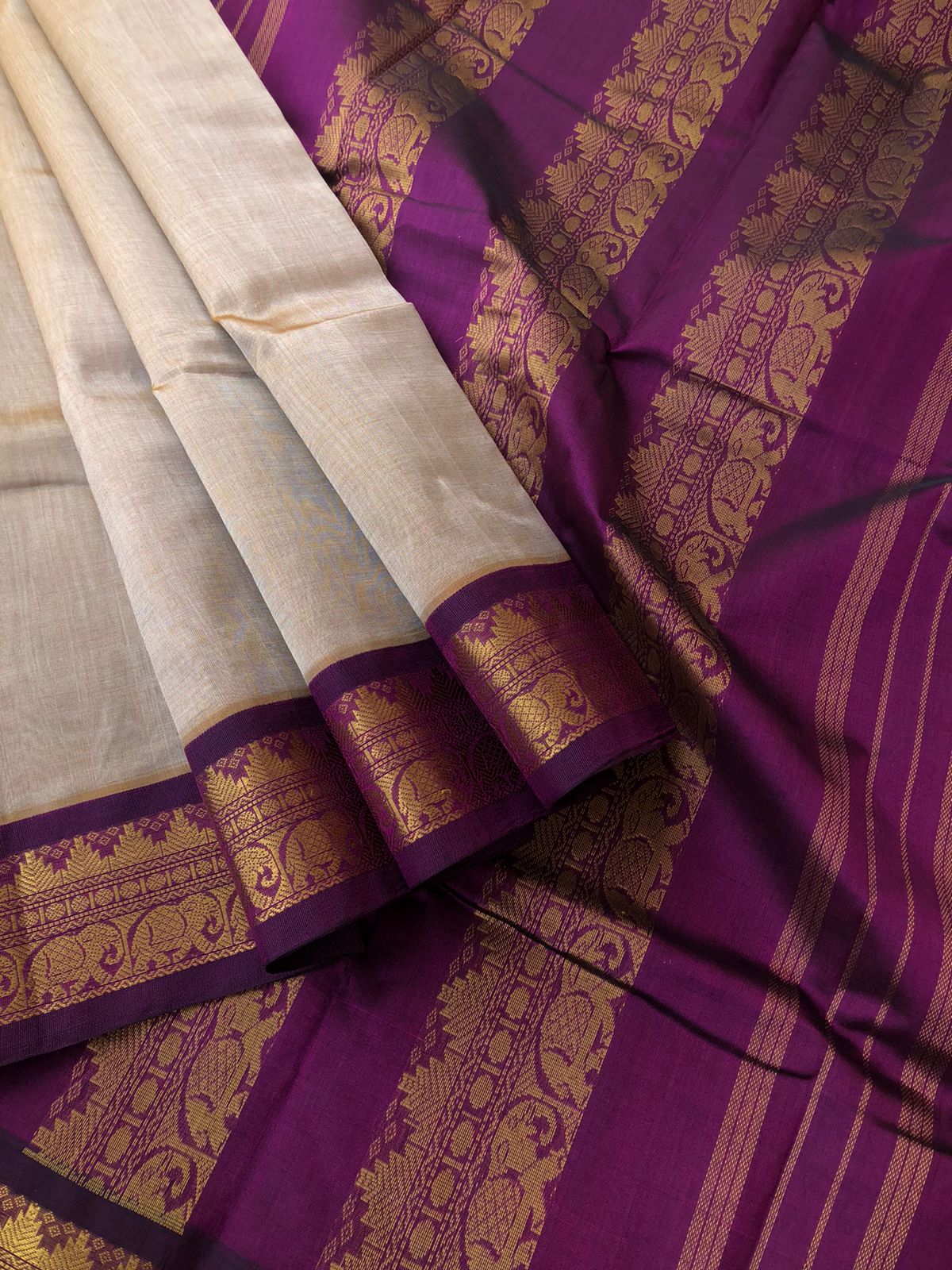 Korvai Silk Cotton - deep beige and purple