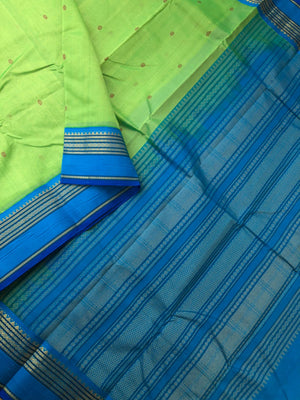 Korvai Silk Cotton with Pure Silk Woven Borders - fresh apple green and blue