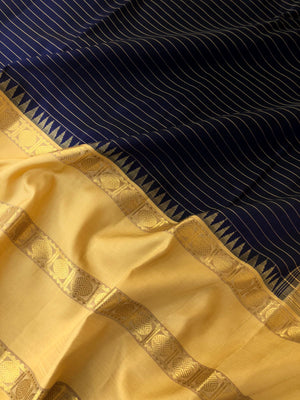 Vintage Ragas on Kanchivaram - deep navy blue and sandal wood korvai Kanchivaram with stripes woven body and broad rudurakasham borders