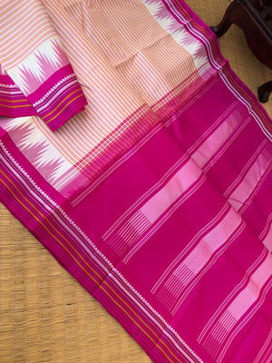 Korvai Connection on Kanchivaram - off white and creamy orange oosi vaalapoo stripes woven body with Indian pink borders pallu and blouse on no zari korvai Kanchivaram
