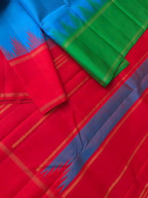 Festive Vibes on Korvai Kanchivaram - beautiful rama blue with red and green ganga jammuna woven borders