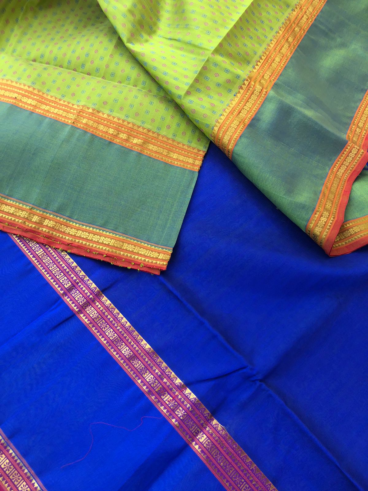 Woven Motifs Silk Cotton - apple green and royal blue Lakshadeepam