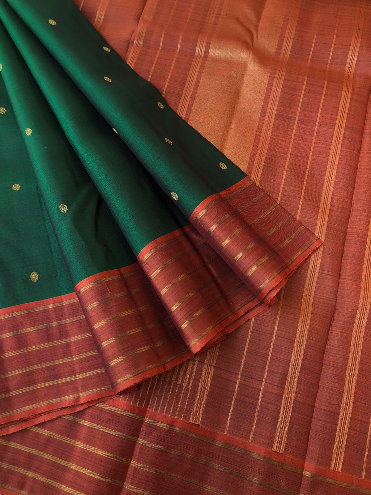 Corporate Kanchivarams - stunning Meenakshi green and rust caramel brown pallu and blouse