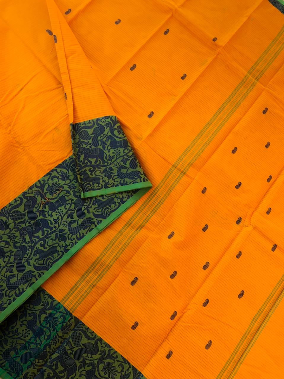 Woven Buttas on Kanchi Cottons - orange with vanasingaram woven borders