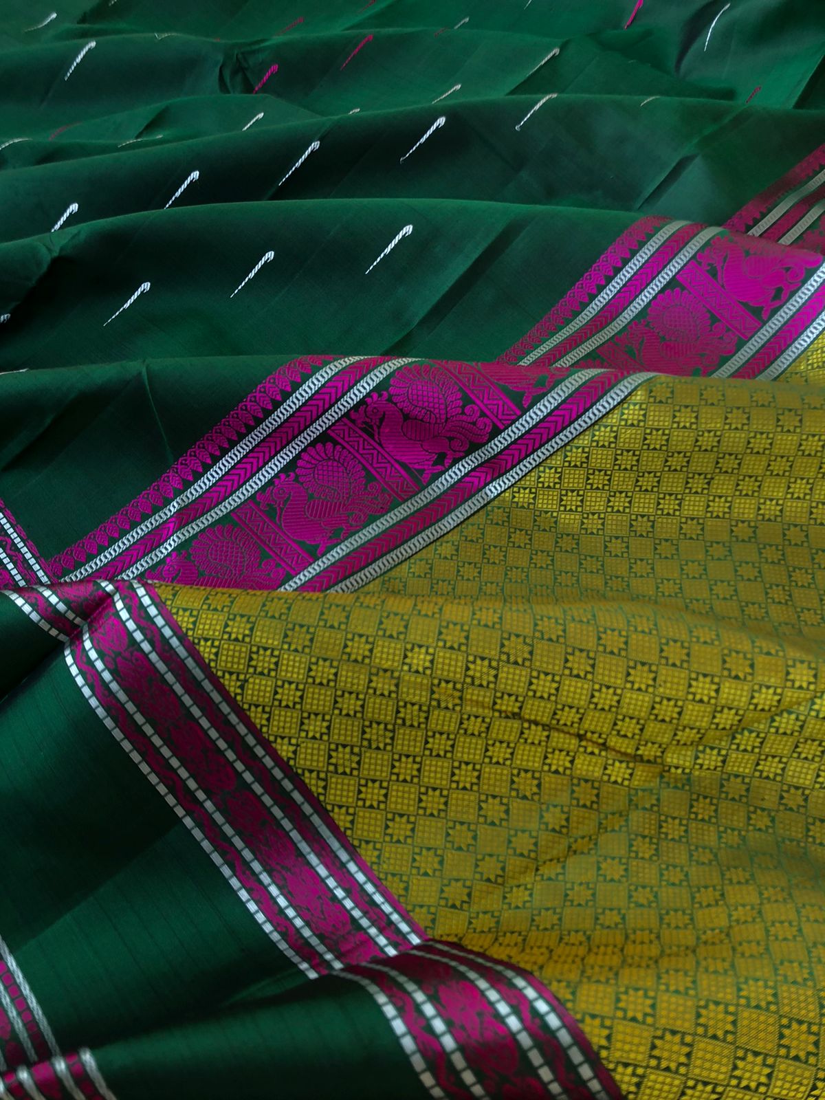Woven from Memories - No Zari Kanchivarams - stunning Meenakshi green with rain drops woven buttas