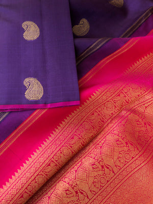 Mohaa - Beautiful Borderless Kanchivarams - metallic violet and pink with traditional paisley woven buttas