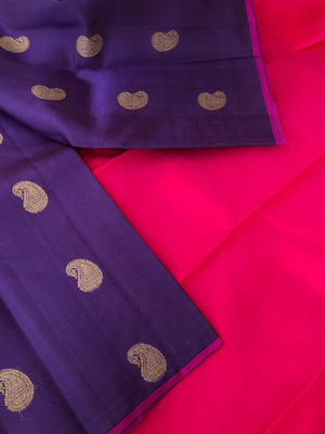 Mohaa - Beautiful Borderless Kanchivarams - metallic violet and pink with traditional paisley woven buttas