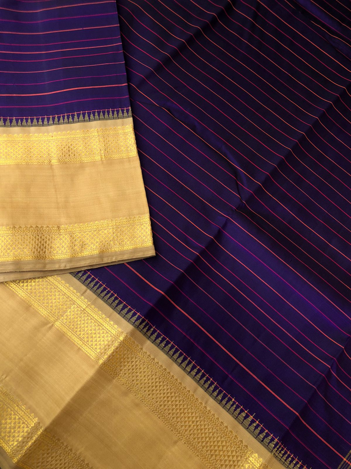 Vintage Raagas on Kanchivarams - deepest dark violet stripes body on golden beige aarai maadam rett pett woven korvai Borders