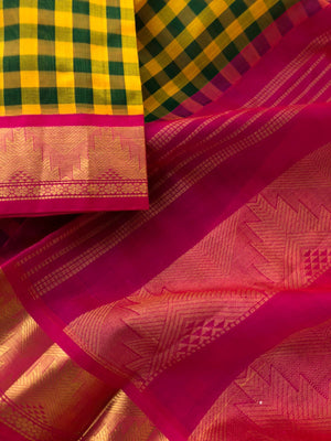 Paalum palamum kattam on Korvai Silk Cotton - mustard and green chex with kum kum pink pallu and blouse