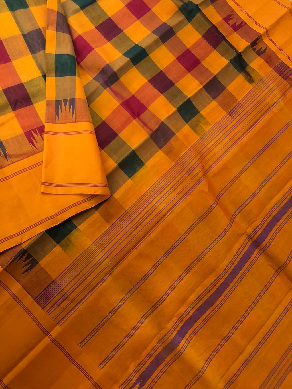 Signature Silk Cottons - the best of traditional paalum Palamum chex of green mustard and maroon chex with mustard pallu and blouse