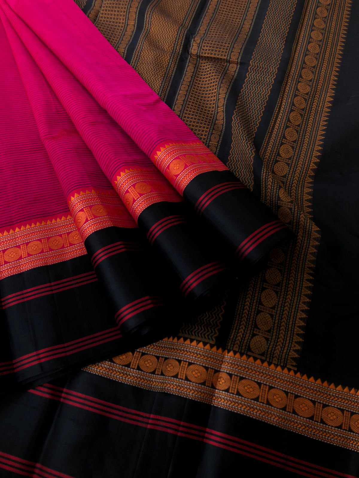 Korvai Silk Cotton with Pure Silk Woven Borders - gorgeous pink and black with oosi stripes woven body