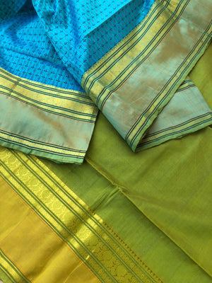 Woven Motifs Silk Cotton - blue and apple green pluse butta Lakshadeepam