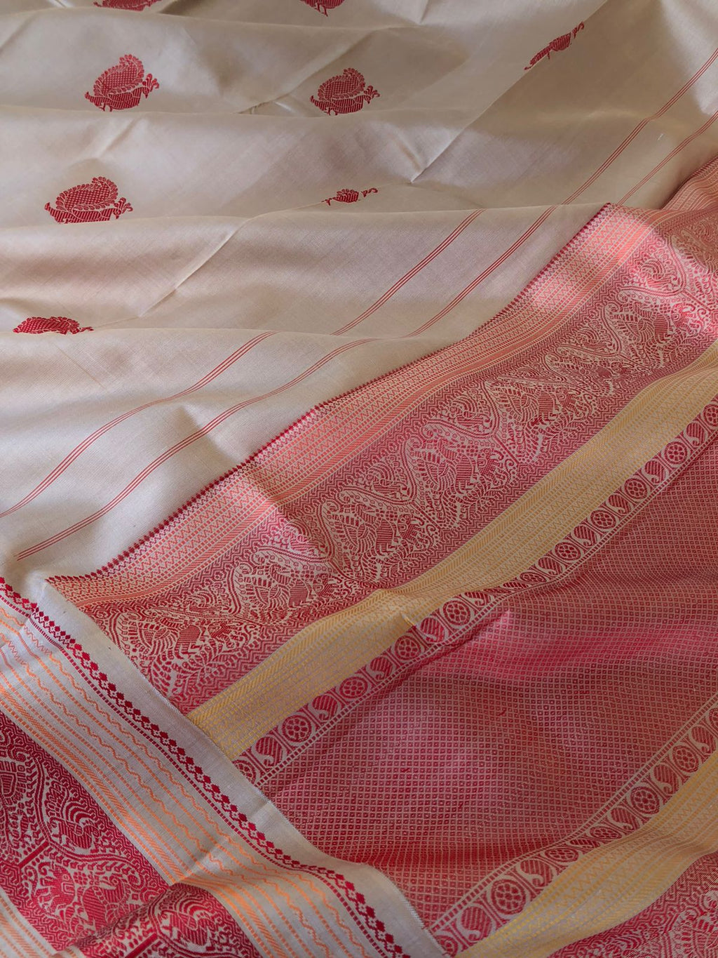 Woven from Memories - No Zari Kanchivarams - classy beige with annapakshi woven buttas