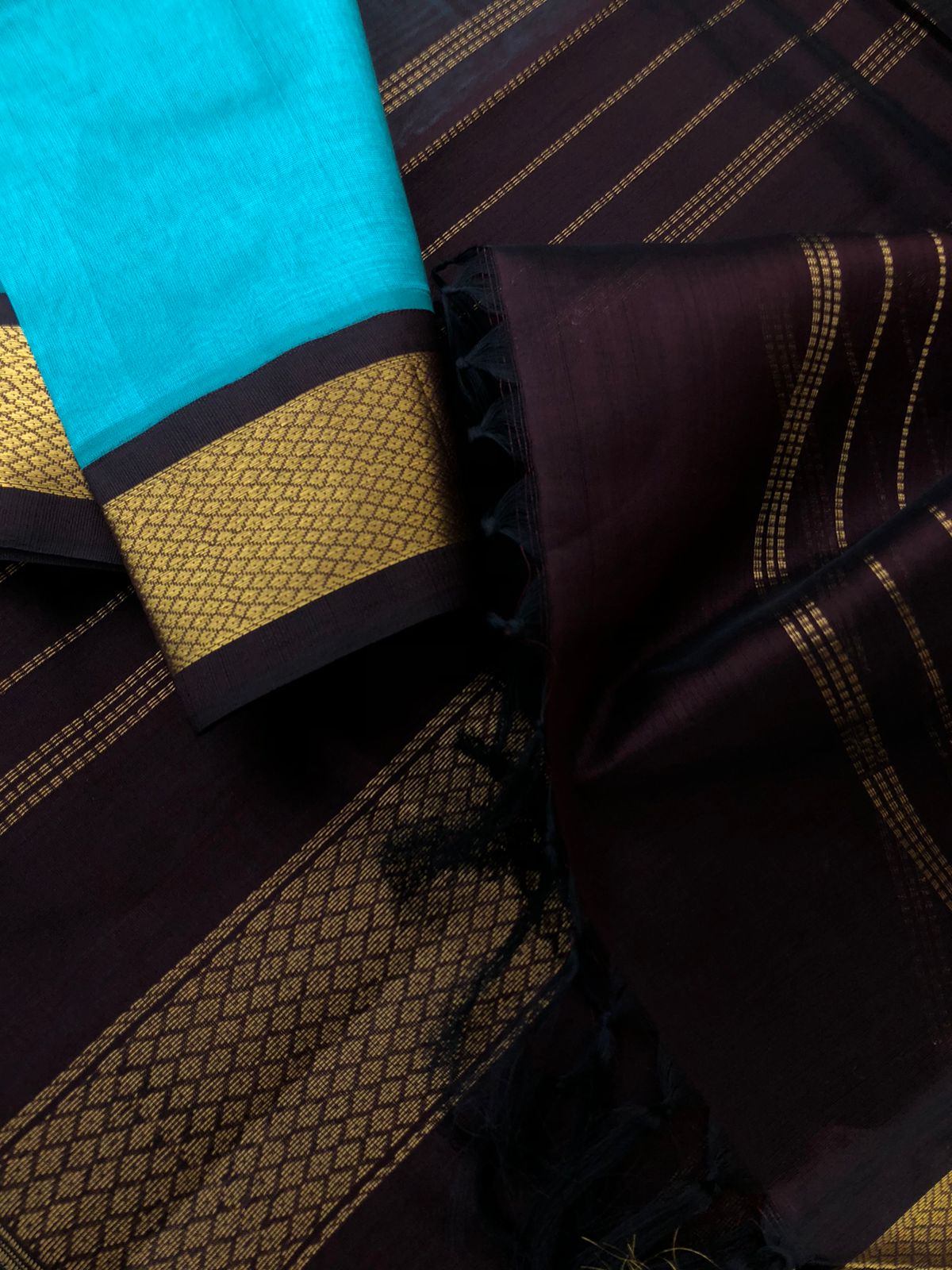 Korvai Silk Cotton - teal blue and coffee bean brown