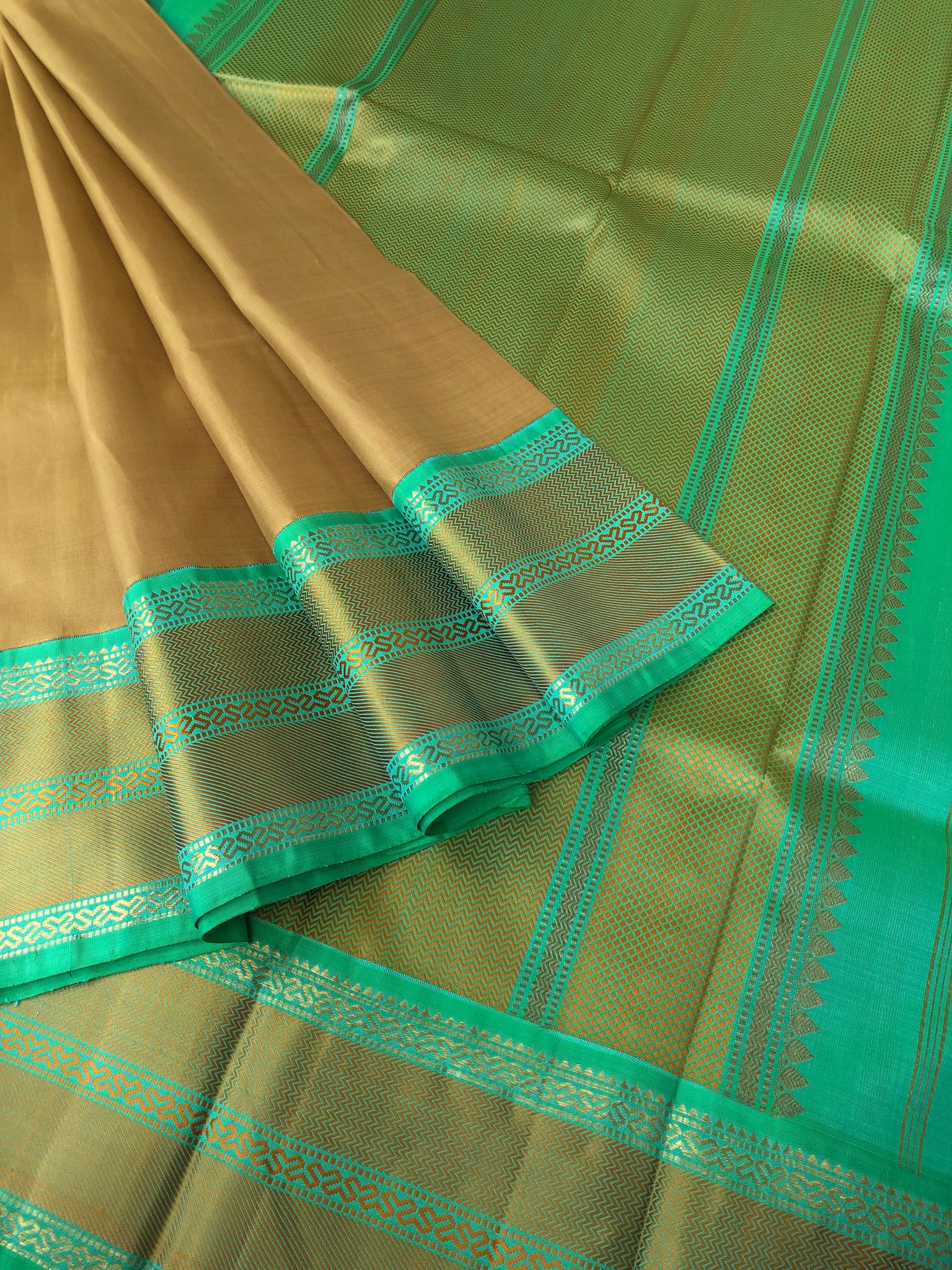 Timeless Classic Kanchivarams - no zari Kanchivaram beauty of beach sand and sandalwood tone and sea green