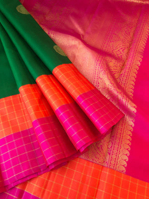 Shree - Festive Vibes on Kanchivaram - most beautiful emerald green with pink and orange zari kattam korvai borders