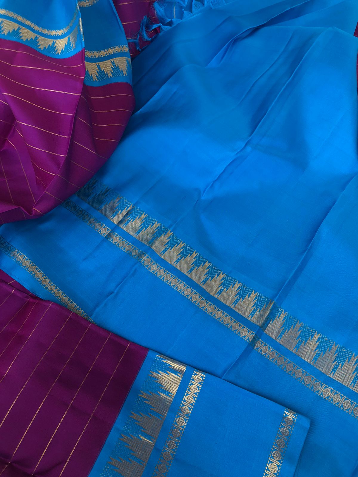 Vintage Raagas on Kanchivarams - beautiful purple and sulphate blue gold chain ( thanga kambi ) body with korvai woven borders