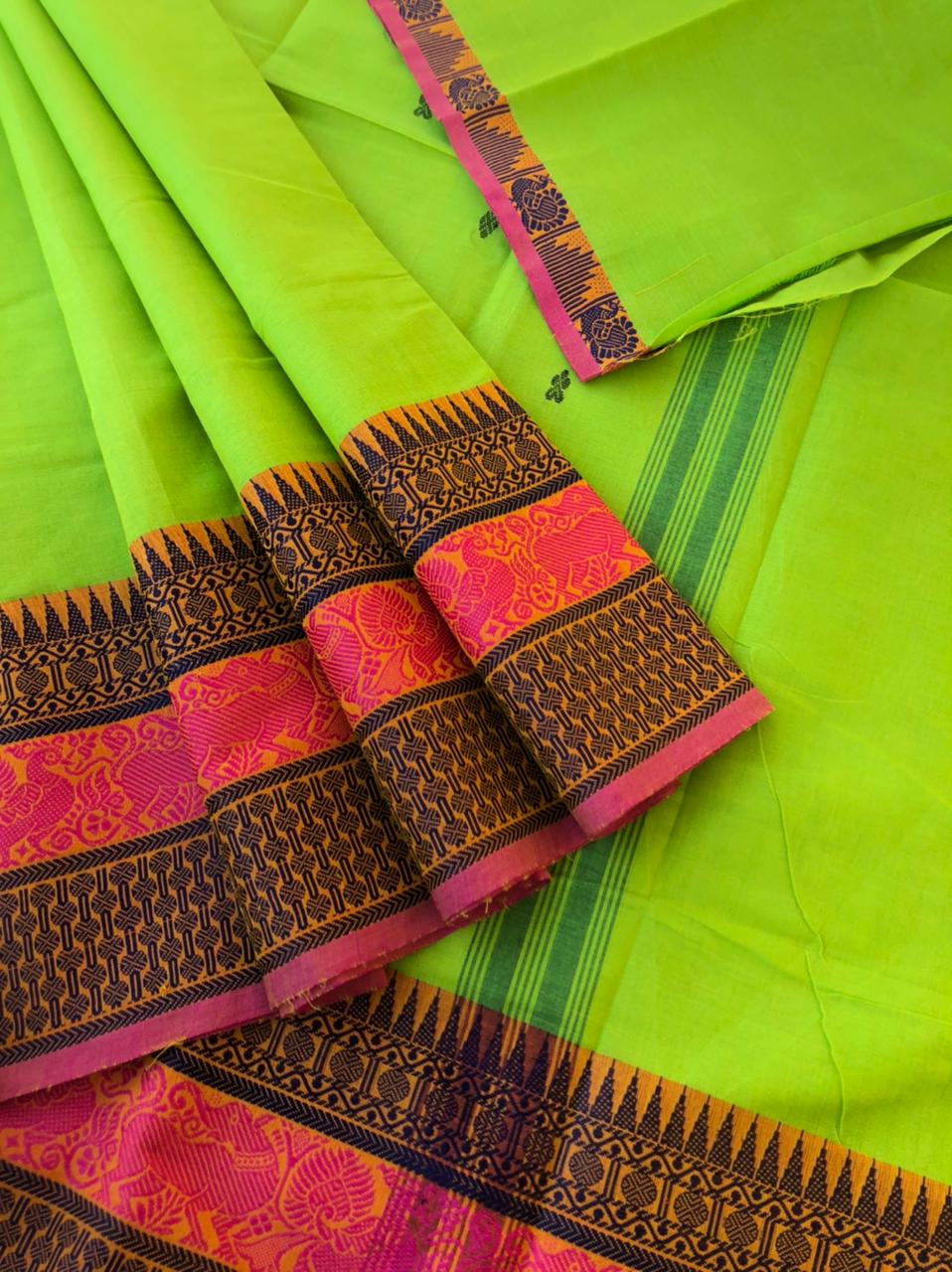 Woven Buttas on Kanchi Cottons - electric green