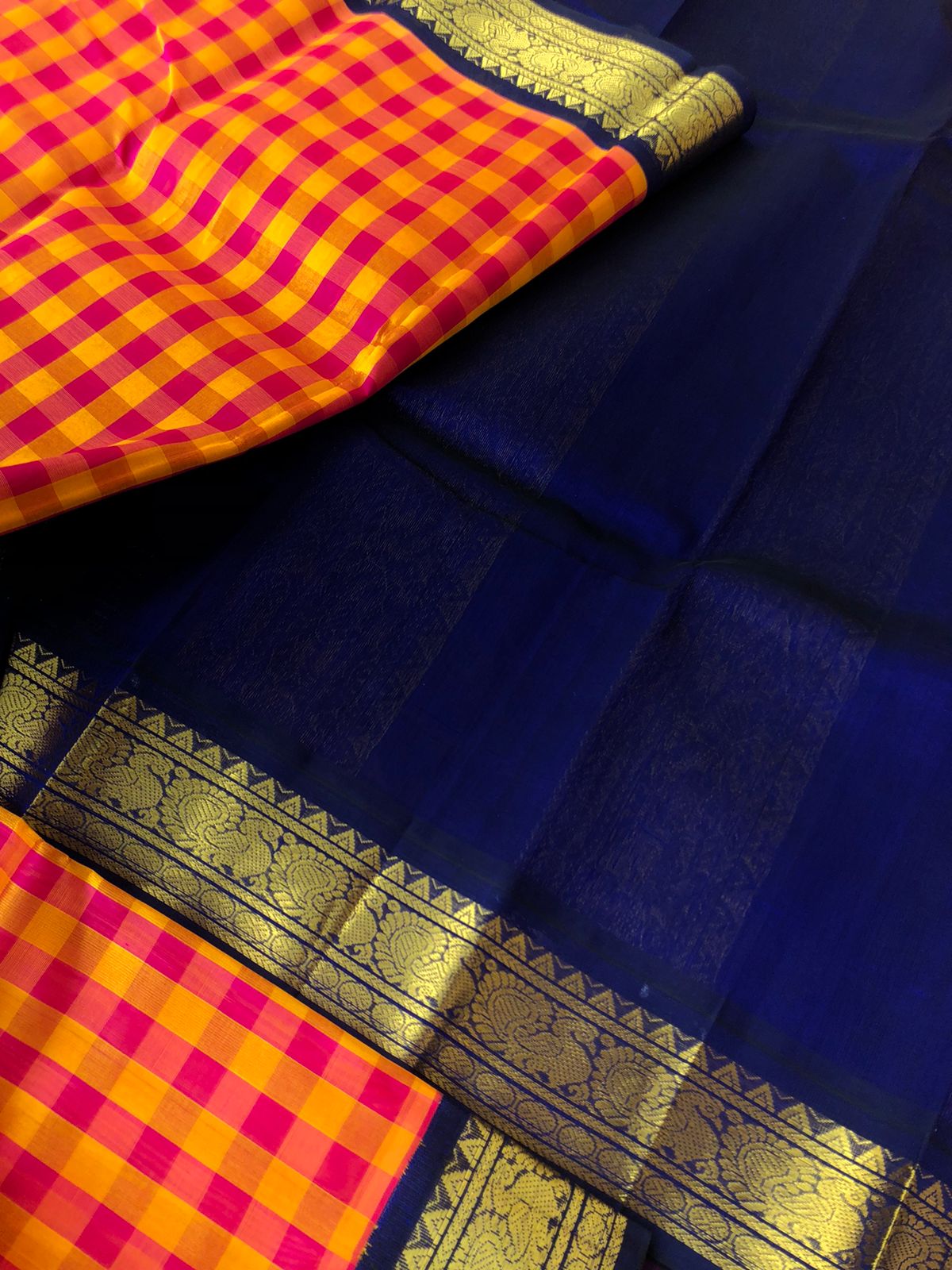 Paalum palamum kattam on Korvai Silk Cotton - mustard and pink chex with ink blue pallu and blouse