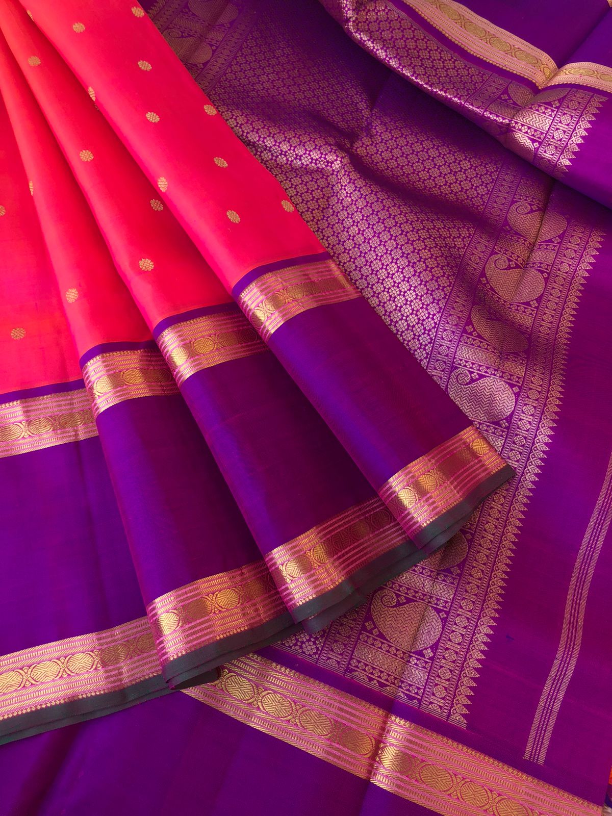 Shree Ka - Much Needed Kanchivarams - stunning orange short pink with violet woven broad retta pett rudurakasham borders