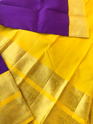 Sahasra - Kanchivarams Which Speaks 1000 Words - gorgeous brinjal purple and golden mustard corner buttas on Korvai Kanchivaram