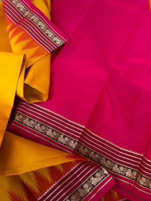 Festive Vibes on No Zari Korvai Kanchivaram - the most beautiful combination has all our hearts mustard and pink with annapakshi woven borders