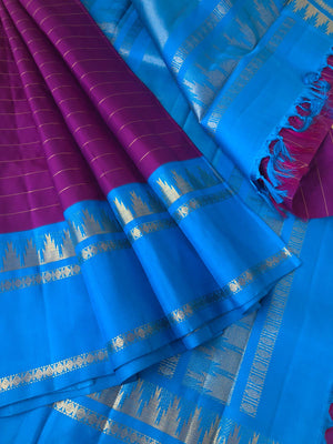 Vintage Raagas on Kanchivarams - beautiful purple and sulphate blue gold chain ( thanga kambi ) body with korvai woven borders