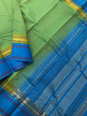 Cotton Body with Pure Silk Borders - pale green chex with sulphate blue borders pallu and blouse