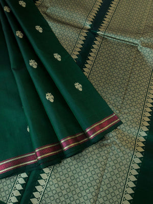 Woven from Memories - No Zari Kanchivarams - stunning deep dark Meenakshi green Irruthalaipakshi woven buttas