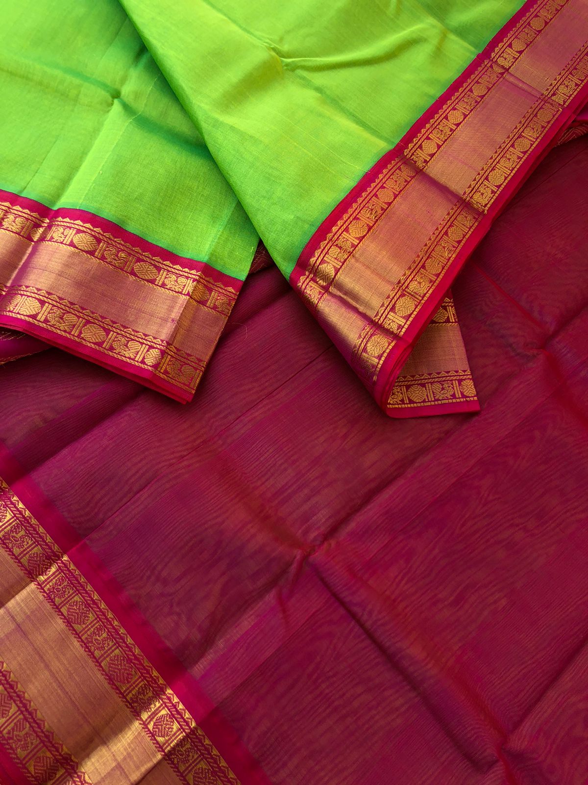 Korvai Silk Cottons Woven Silk Borders - parrot green and kum kum pink