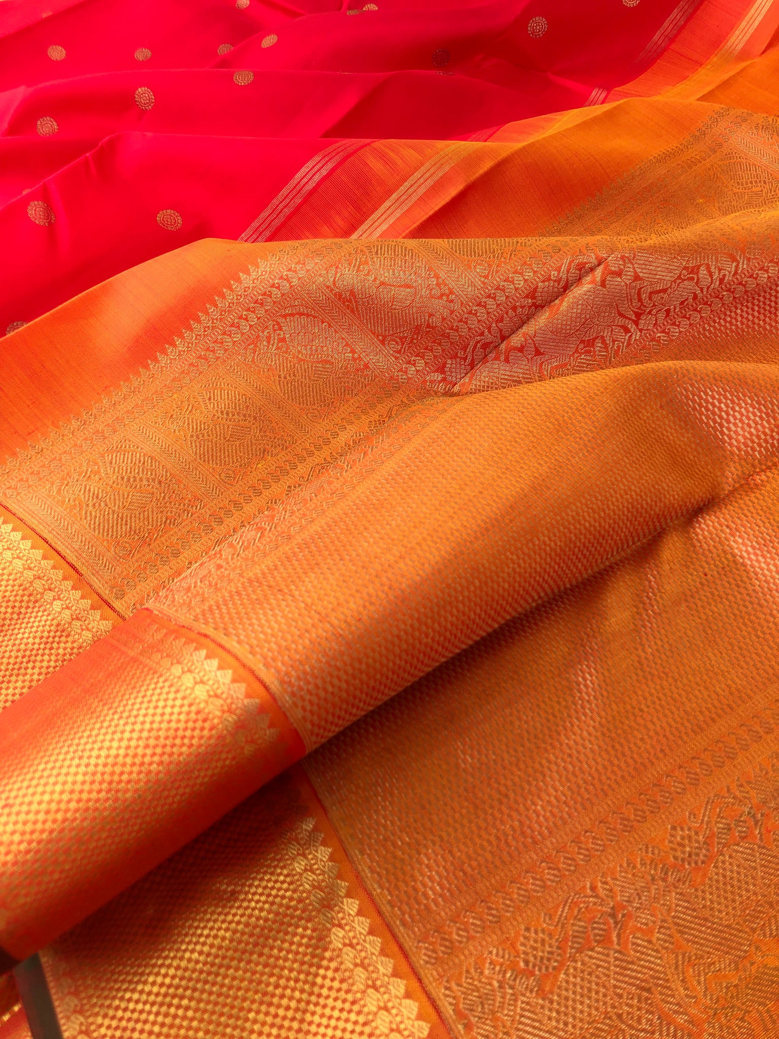Solid Kanchivarams - bright red and orange mustard pallu and blouse with gold is soo beautiful