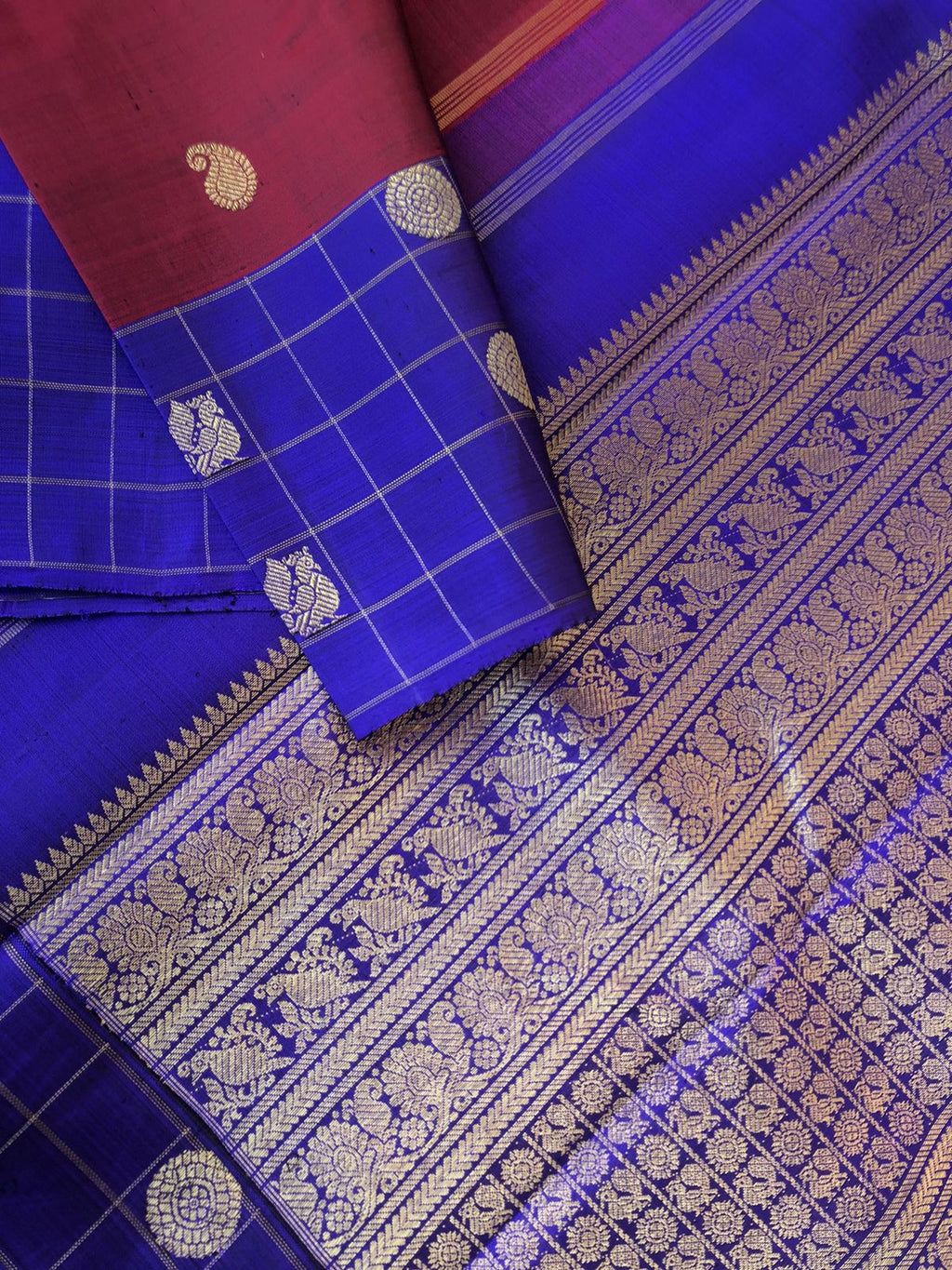 Heriyae - Heirloom Kanchivarams - deep dark maroon and ms blue with chex buttas woven borders and grandest pallu