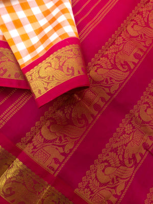 Paalum palamum kattam on Korvai Silk Cotton - off white and orange chexs with pink borders pallu and blouse