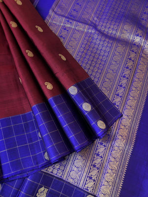 Heriyae - Heirloom Kanchivarams - deep dark maroon and ms blue with chex buttas woven borders and grandest pallu