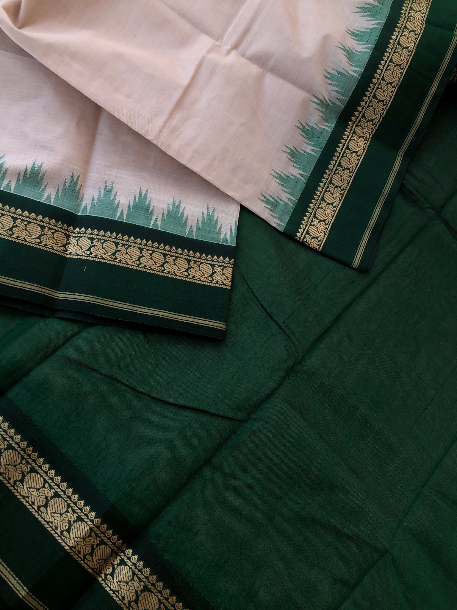 Cotton body with Pure Silk Borders - beige and deepest Meenakshi green is at the most beautiful
