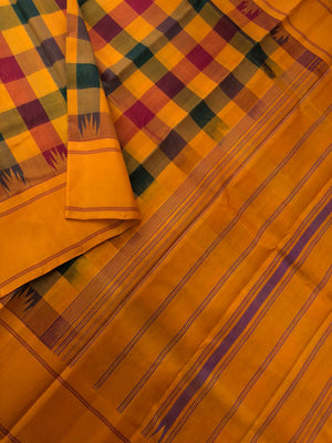 Signature Silk Cottons - the best of traditional paalum Palamum chex of green mustard and maroon chex with mustard pallu and blouse