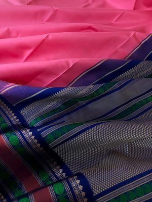 Festive Vibes on No Zari Korvai Kanchivaram - rose pink and ink blue paisley and rudurakasham woven borders