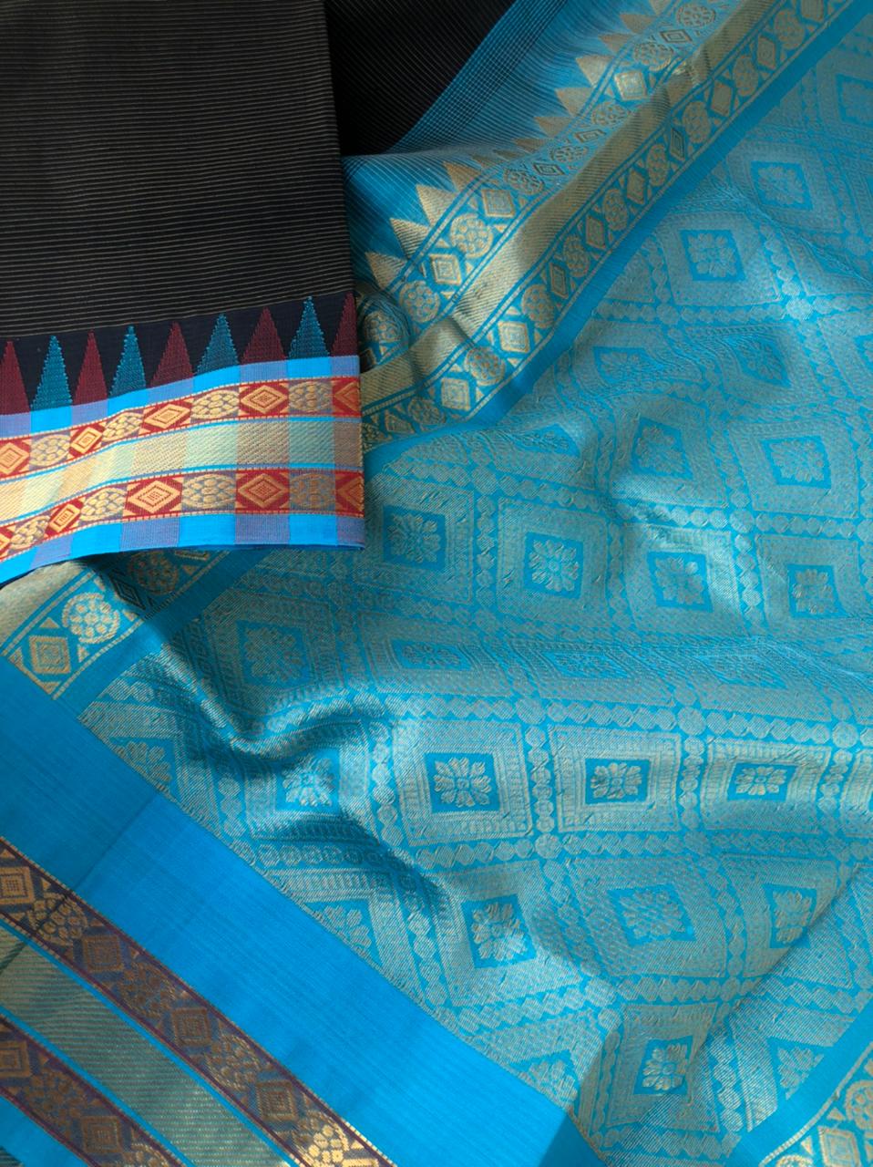 Best of Korvai Silk Cotton - black and blue Vairaoosi silk cotton with chex woven borders